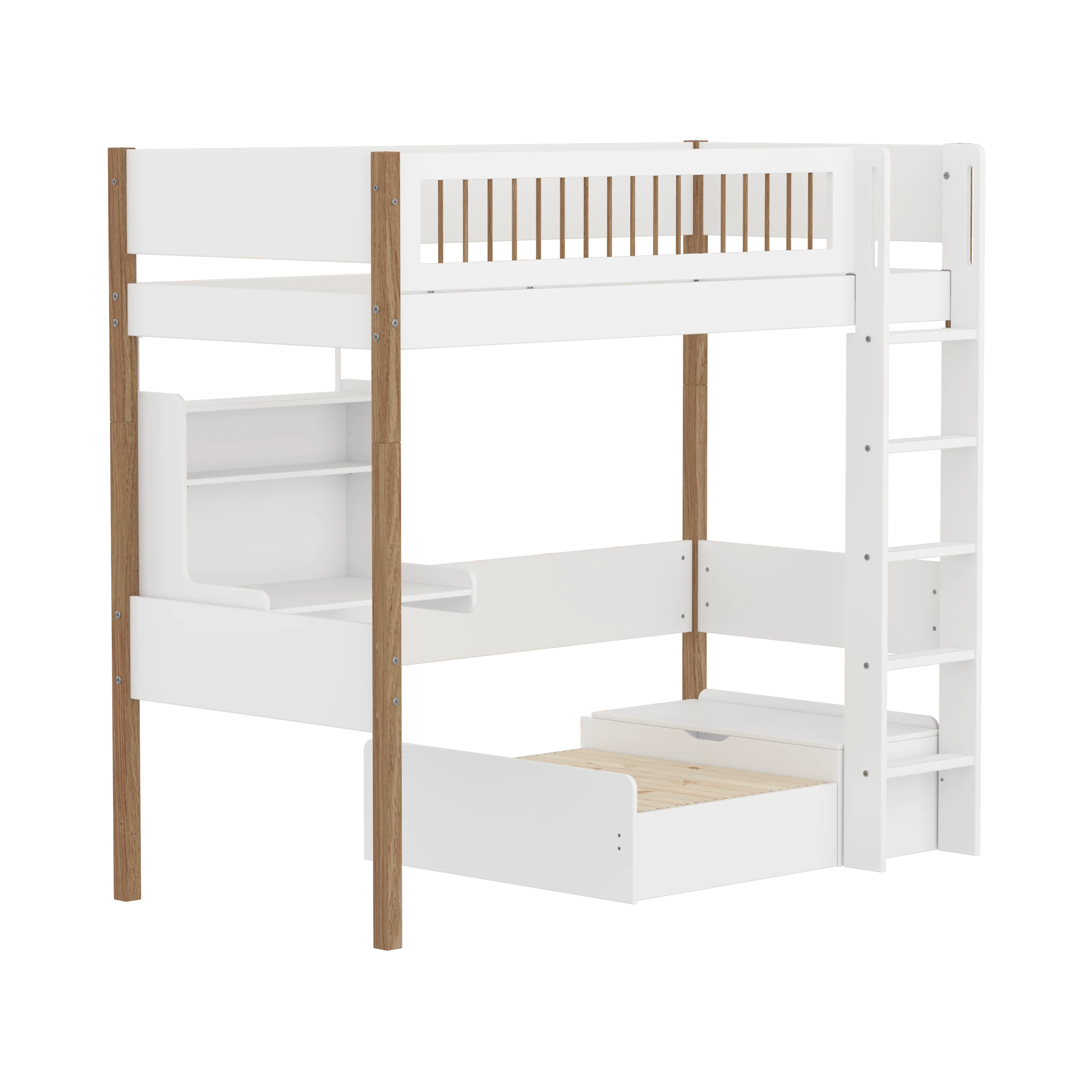FLEXA NOR Casa Højseng med crossbar sengehest, stige, skriveborg og gæsteseng 90x200 cm- Hvid/eg