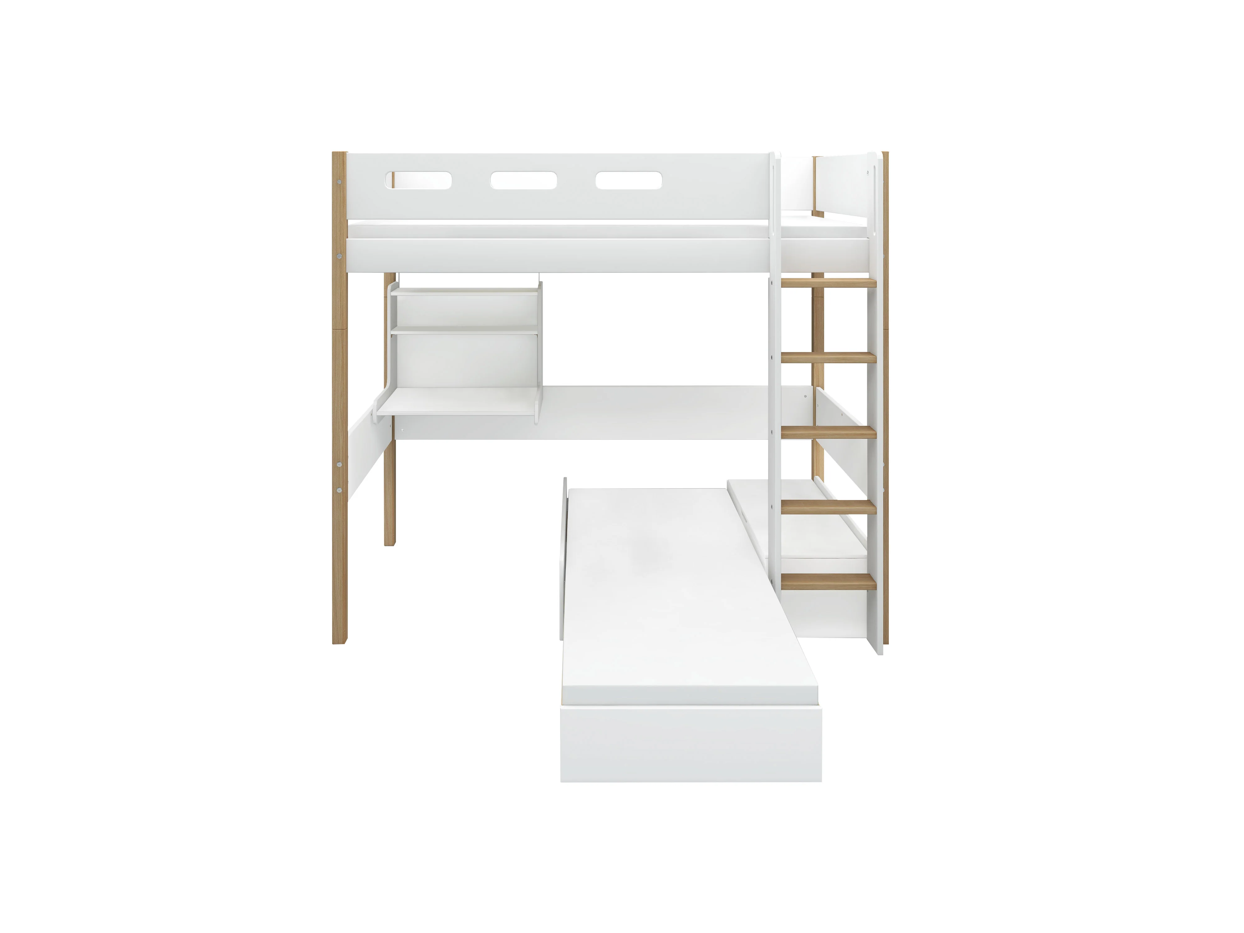 FLEXA NOR Casa Højseng med cut out sengehest, stige, skriveborg og gæsteseng 90x200 cm - Hvid/eg - Image 2