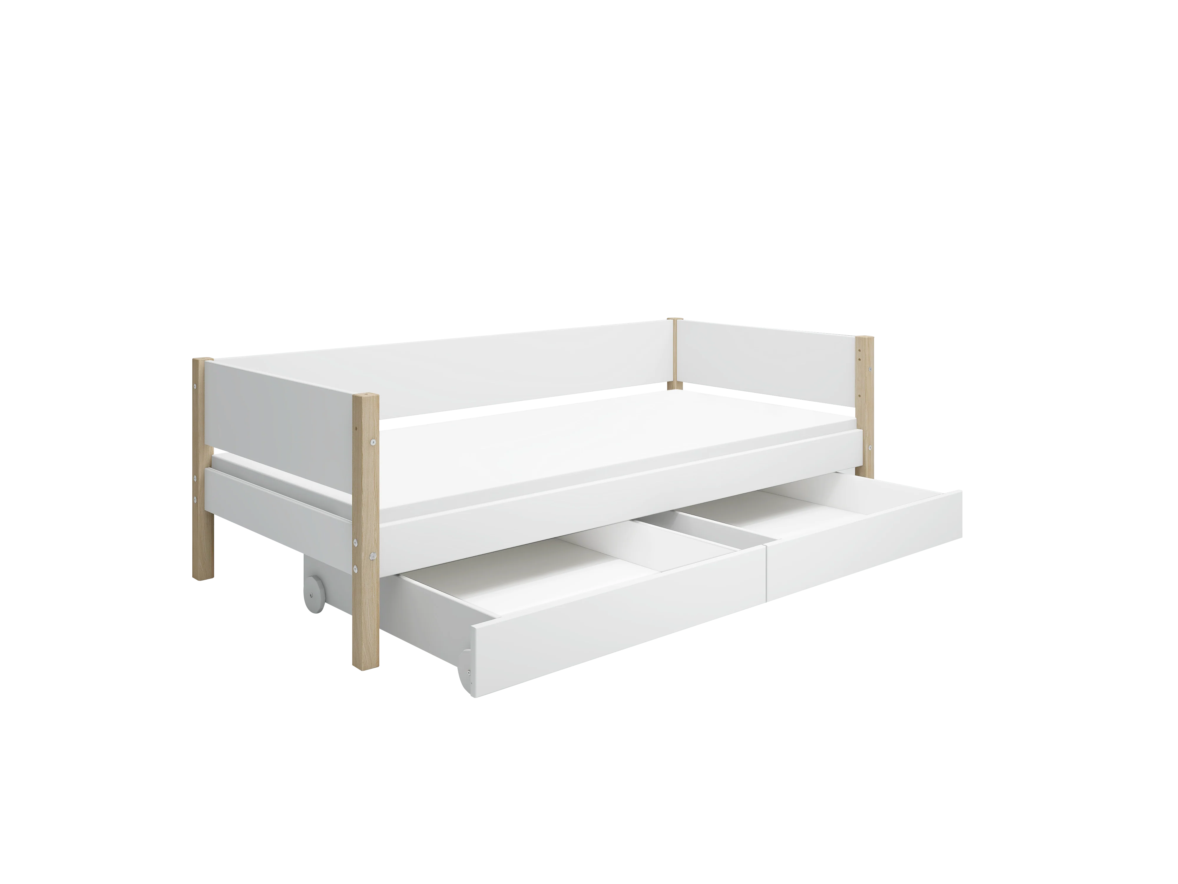 FLEXA NOR Enkeltseng 90x200 cm m. baggavl incl. 2 udtræksskuffer - Hvid/eg
