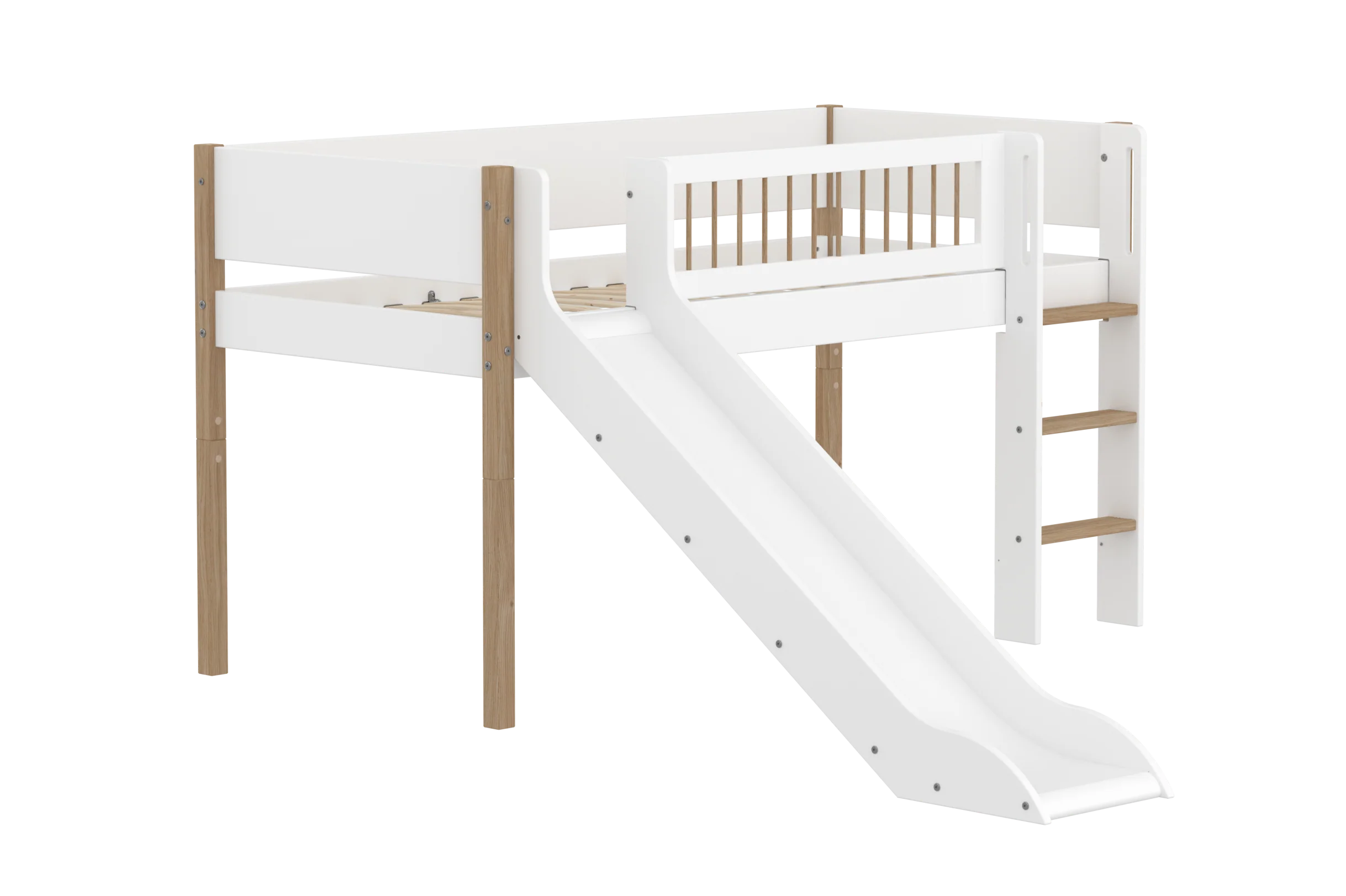 FLEXA NOR Halvhøj seng 120 cm med rutchebane, stige og crossbar sengehest 90x200 cm - Hvid/eg