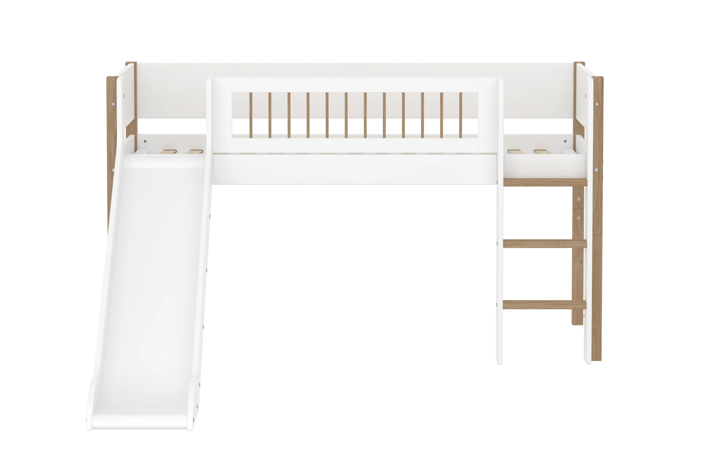 FLEXA NOR Halvhøj seng 120 cm med rutchebane, stige og crossbar sengehest 90x200 cm - Hvid/eg - Image 2