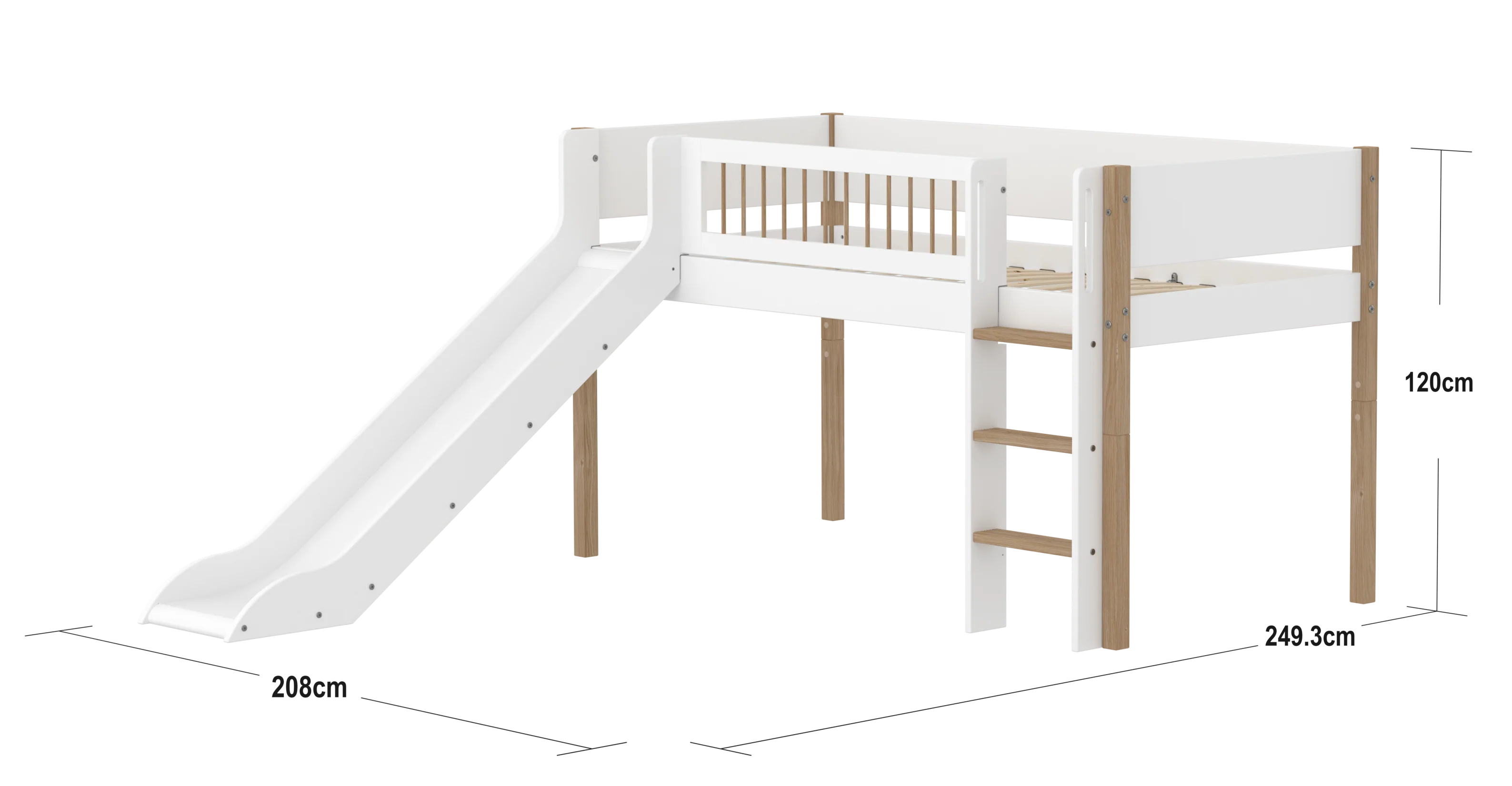 FLEXA NOR Halvhøj seng 120 cm med rutchebane, stige og crossbar sengehest 90x200 cm - Hvid/eg - Image 3
