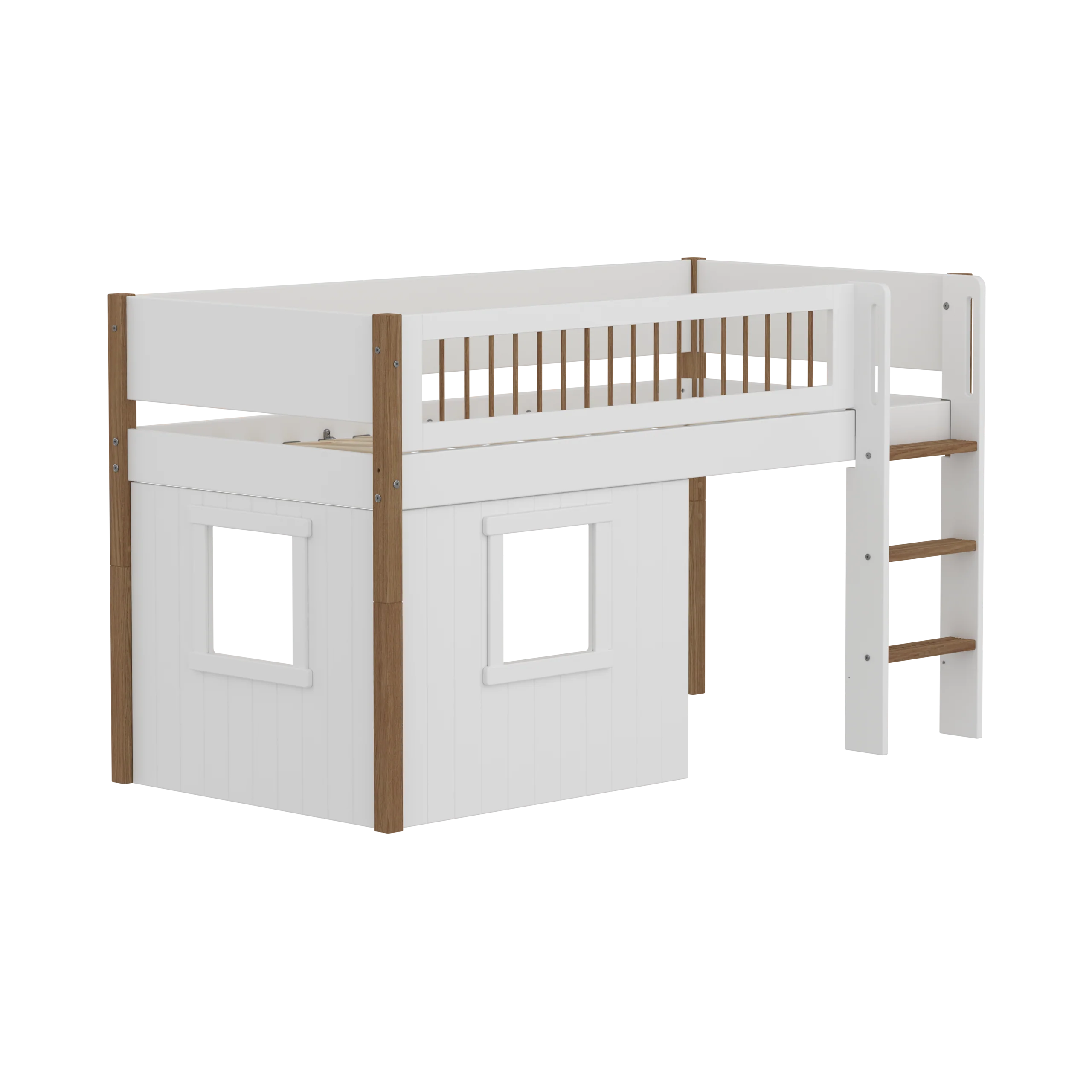 FLEXA NOR Halvhøj seng 120 cm med stige, crossbar sengehest og træhytte-sengefronter 90x200 cm - Hvid/eg