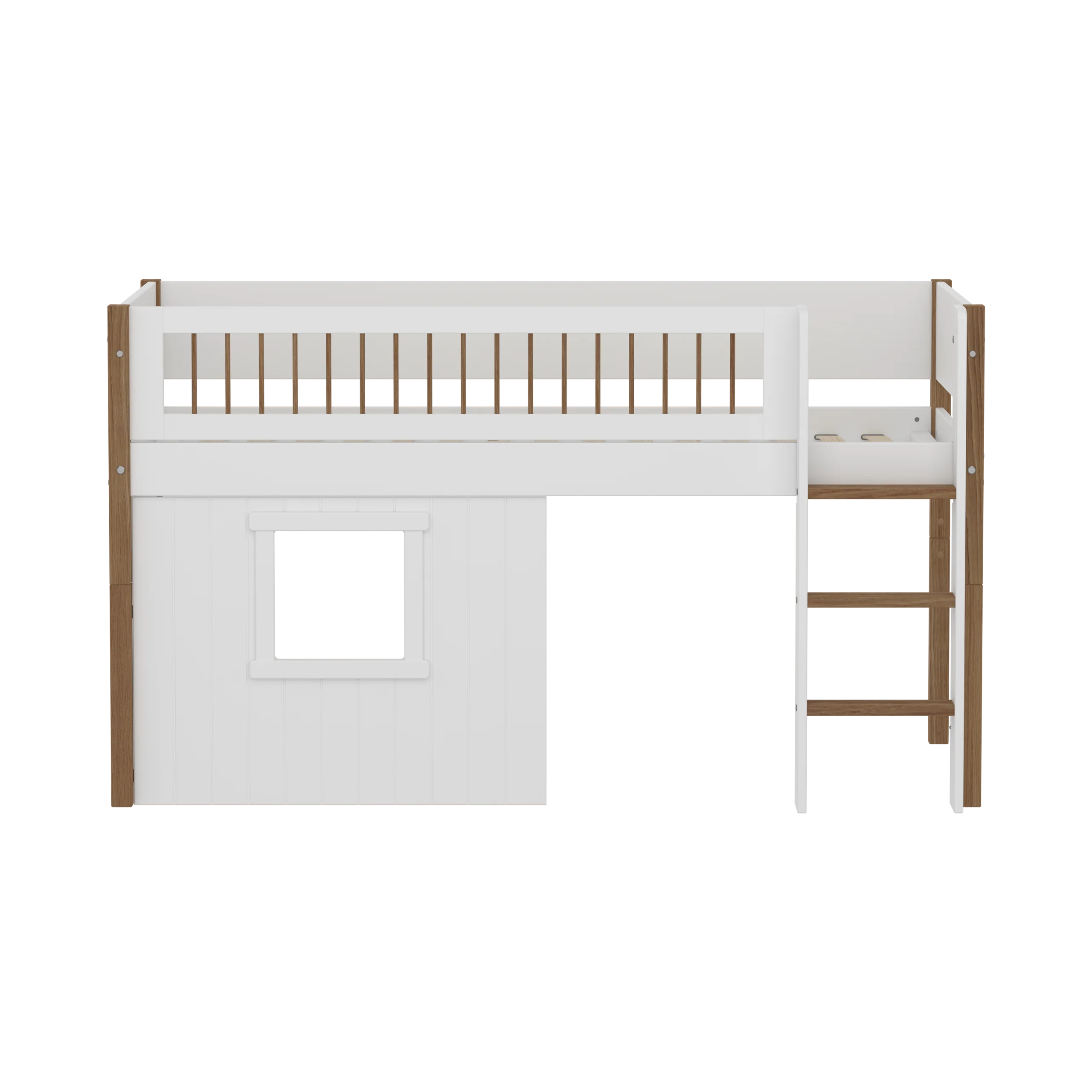 FLEXA NOR Halvhøj seng 120 cm med stige, crossbar sengehest og træhytte-sengefronter 90x200 cm - Hvid/eg - Image 2