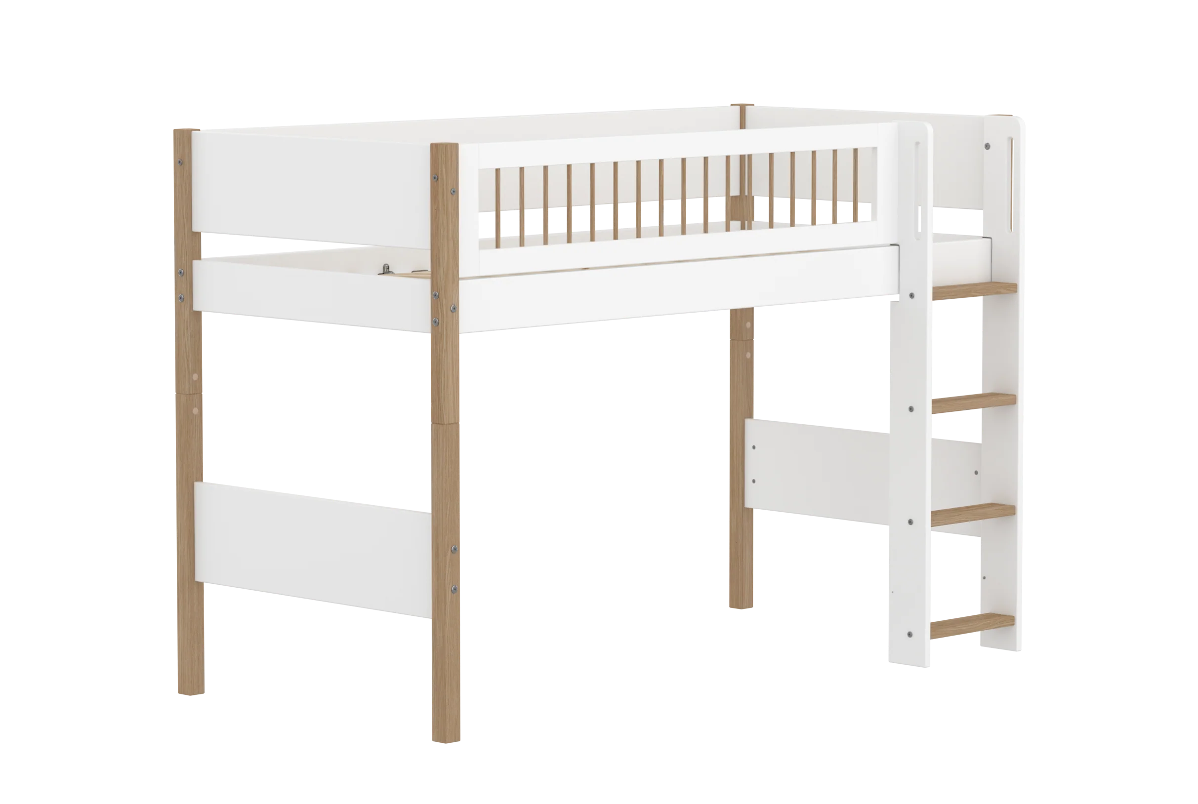 FLEXA NOR Mellemhøj seng 143 cm med stige og crossbar sengehest 90x200 cm - Hvid/eg