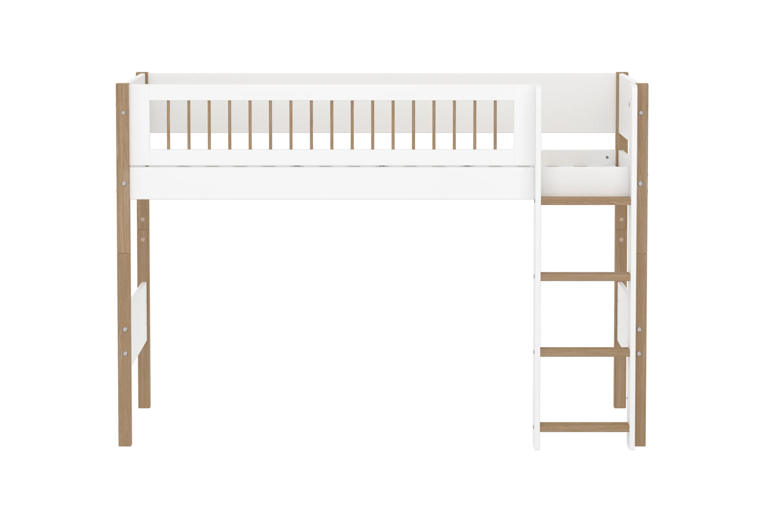 FLEXA NOR Mellemhøj seng 143 cm med stige og crossbar sengehest 90x200 cm - Hvid/eg - Image 2