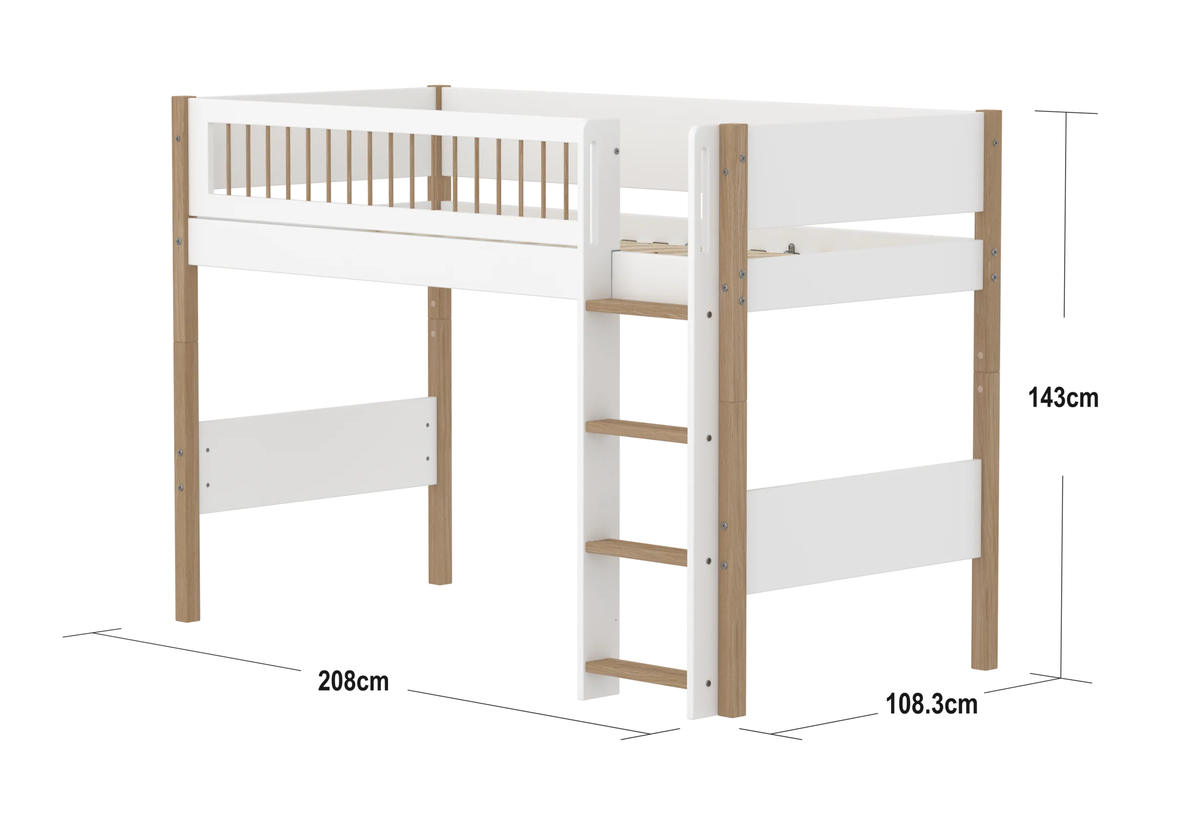 FLEXA NOR Mellemhøj seng 143 cm med stige og crossbar sengehest 90x200 cm - Hvid/eg - Image 3