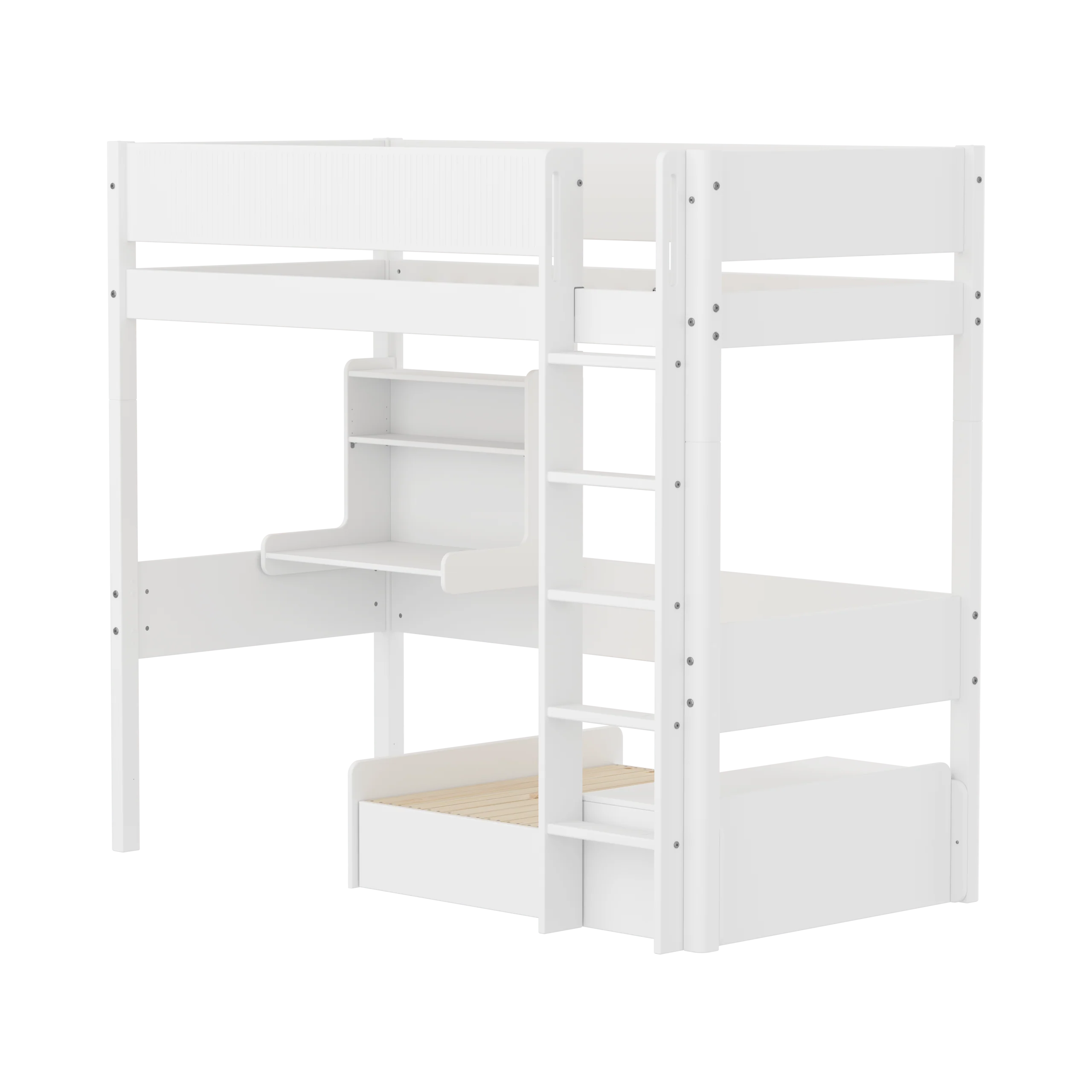 FLEXA WHITE Casa Højseng med grooves sengehest, stige, click on skrivebord og gæsteseng 90x200 cm - Hvid/eg
