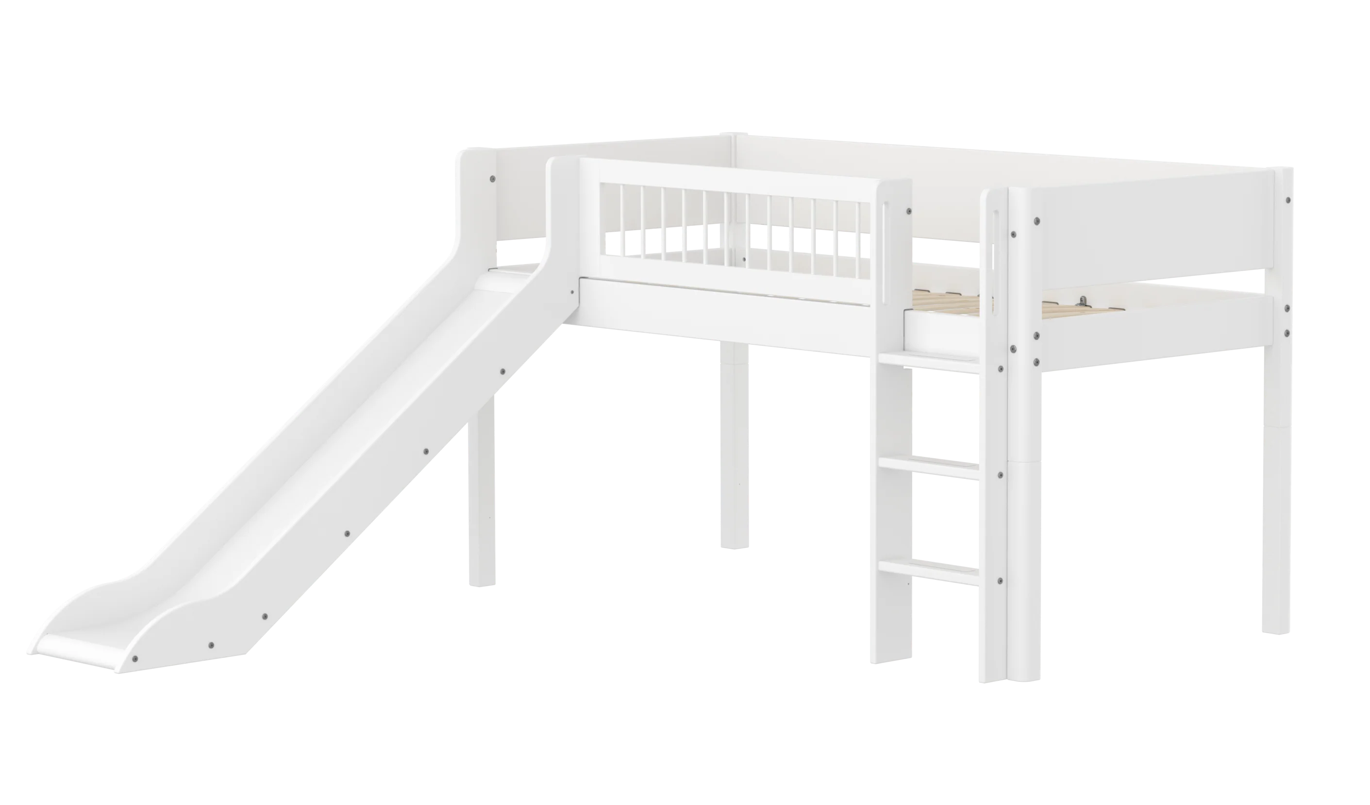FLEXA WHITE Halvhøj seng 120 cm med rutchebane, stige og crossbar sengehest 90x200 cm - Hvid