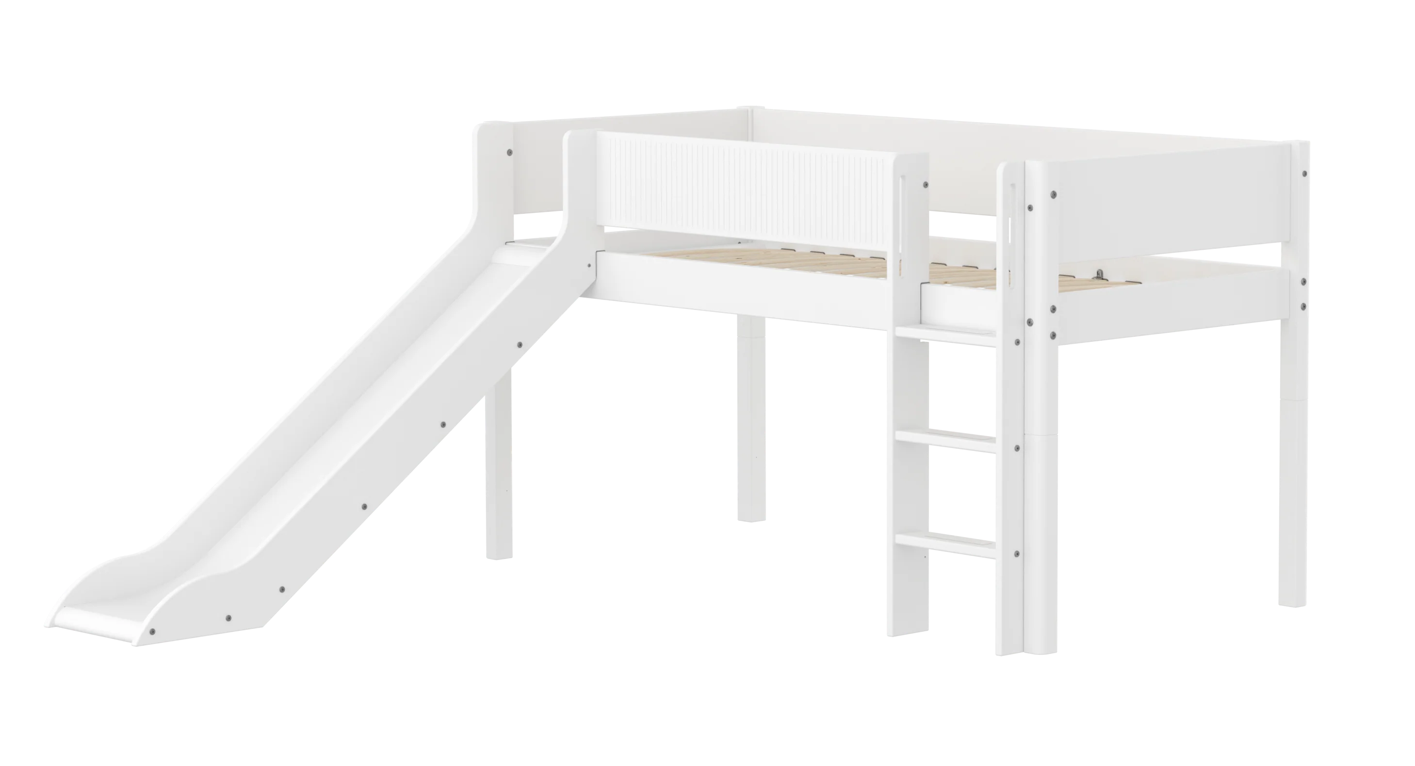 FLEXA WHITE Halvhøj seng 120 cm med rutchebane, stige og grooves sengehest 90x200 cm - Hvid