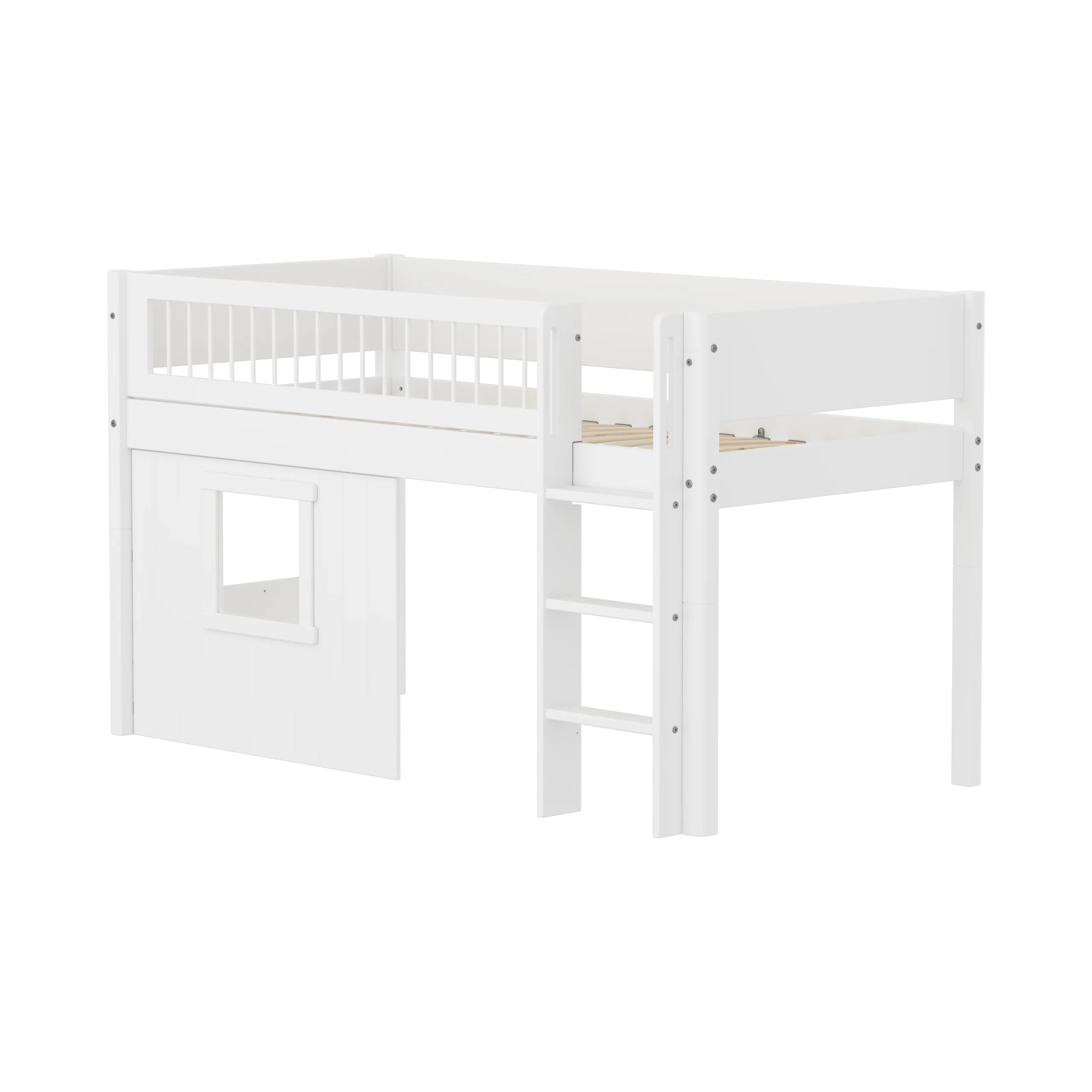 FLEXA WHITE Halvhøj seng 120 cm med stige, crossbar sengehest og træhytte-sengefronter 90x200 cm - Hvid