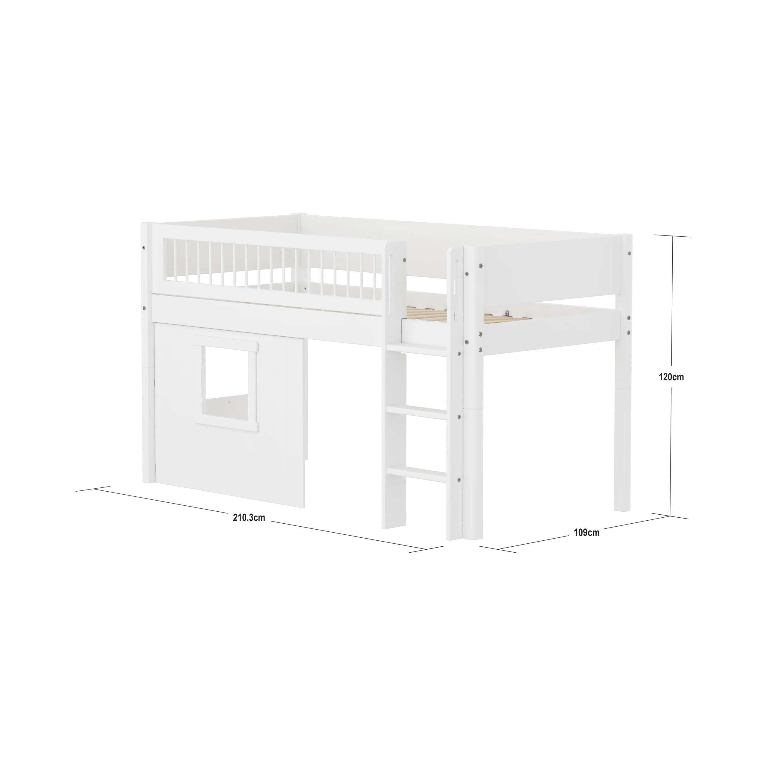 FLEXA WHITE Halvhøj seng 120 cm med stige, crossbar sengehest og træhytte-sengefronter 90x200 cm - Hvid - Image 3