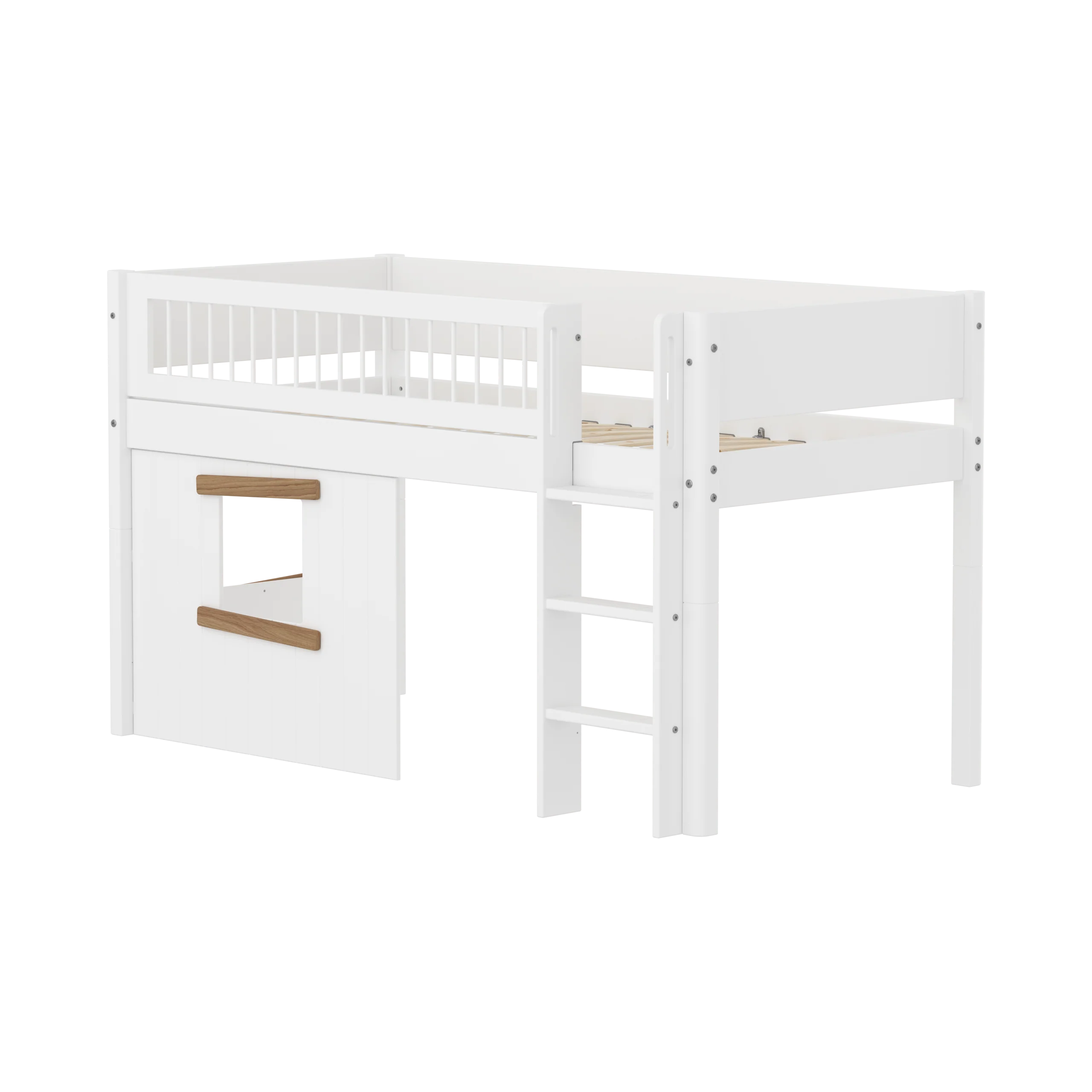 FLEXA WHITE Halvhøj seng 120 cm med stige, crossbar sengehest og træhytte-sengefronter 90x200 cm - Hvid/eg