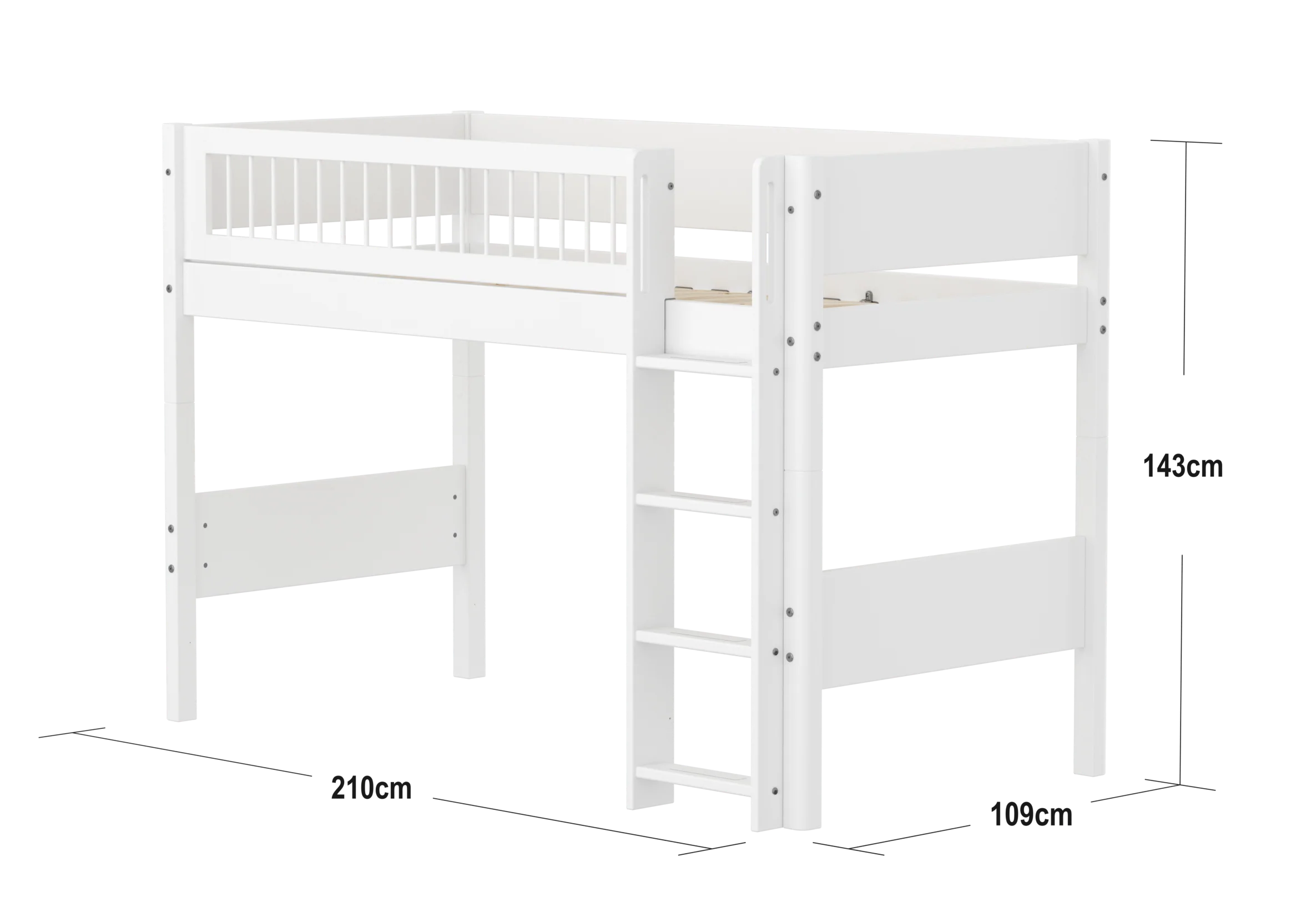 FLEXA WHITE Mellemhøj seng 143 cm med stige og crossbar sengehest 90x200 cm- Hvid - Image 2
